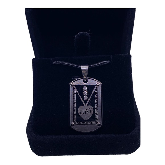 Faux Leather Chain BLACK Gun Metal Dog Tag Love Pendant Rhinestone Necklace - Picture 5 of 6